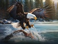 Ai Generated illustration Wildlife Concept of Bald Eagle catching fish in river Royalty Free Stock Photo