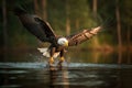 Bald eagle in flight catching fish in the river Royalty Free Stock Photo