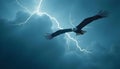 Bald Eagle Flying in Dark Blue Stormy Sky with Lightning Flashes Royalty Free Stock Photo