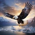 Ai Generated illustration Wildlife Concept of Bald Eagle flying Homer Alaska