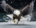 Bald eagle flying over the surface of the water with wings spread. Amazing American Wildlife. Generative Ai