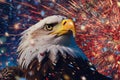 Bald eagle with its wings outstretched, positioned in front of a mesmerizing fireworks display, with the American flag. Portraying