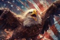 Bald eagle with its wings outstretched, positioned in front of a mesmerizing fireworks display, with the American flag. Portraying