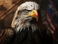 a bald eagle looking ahead against an american flag background with a dark tint in Royalty Free Stock Photo
