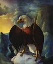 Bald eagle in mountains oil painting landscape with rocks, wild bird drawing in nature, hand drawn american eagle illustration.