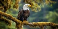 Bald eagle perched on moss-covered branch in lush forest setting Royalty Free Stock Photo