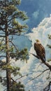 Bald eagle perched on a pine tree against a blue sky with clouds, wildlife and nature concept Royalty Free Stock Photo