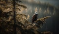 Bald eagle perching on branch, majestic hunter in tranquil scene generated by AI