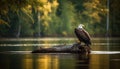 Bald eagle perching on branch, watching fish in tranquil pond generated by AI