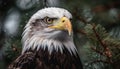 Bald eagle perching on tree branch, close up portrait, majestic beauty generated by AI