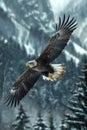 A bald eagle soaring through the air with snow covered trees in background, AI Royalty Free Stock Photo
