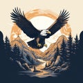 Majestic Bald Eagle Flying Over Mountain Range T-shirt Design Royalty Free Stock Photo