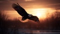 Bald eagle soaring in mid air, spreading majestic wings at sunset generated by AI