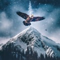 A bald eagle soaring over a snowy mountain. Generative AI image.