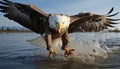 Bald eagle soaring, spreading wings, capturing fish in mid air generated by AI Royalty Free Stock Photo