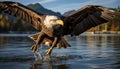 Bald eagle soaring, wings spread, catching fish in mid air generated by AI Royalty Free Stock Photo