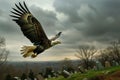 A bald eagle soars majestically in the sky over a cemetery on a cloudy day, An American eagle soaring over the headstones of a Royalty Free Stock Photo