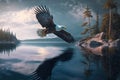 A bald eagle soars over the clear waters of the ocean. Stunning woods in the backdrop Royalty Free Stock Photo