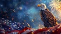 Bald eagle is standing on an american flag, with fireworks, bokeh in the background Royalty Free Stock Photo