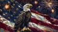 Bald eagle is standing on an american flag, with fireworks, bokeh in the background Royalty Free Stock Photo