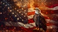 Bald eagle is standing on an american flag, with fireworks, bokeh in the background Royalty Free Stock Photo