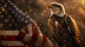 Bald eagle is standing on an american flag, with fireworks, bokeh in the background Royalty Free Stock Photo