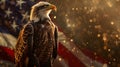 Bald eagle is standing on an american flag, with fireworks, bokeh in the background Royalty Free Stock Photo