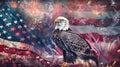 Bald eagle is standing on an american flag, with fireworks, bokeh in the background Royalty Free Stock Photo