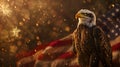 Bald eagle is standing on an american flag, with fireworks, bokeh in the background Royalty Free Stock Photo