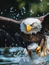 A bald eagle swoops down to catch a fish in the water Royalty Free Stock Photo