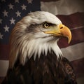 Bald eagle taking flight in front of an American flag Royalty Free Stock Photo