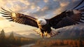 Vibrant Bald Eagle Flying Over Majestic Mountain And River Royalty Free Stock Photo