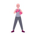 Bald Female Boxer Character Standing With Pink Cross Ribbon On White Background