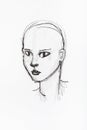 Bald female head hand drawn by black ink