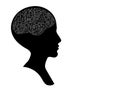 Bald female head profile silhouette with printed circuit board brain, black and white artificial intellect concept