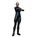 Bald Fierce Scifi Woman Standing with Turquoise Hair, 3D Illustration, 3D rendering