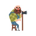 Bald forest man sitting on wooden chair and holding axe. Cartoon character of bearded lumberjack wearing green checkered Royalty Free Stock Photo