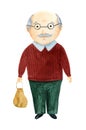 Bald grandfather with glasses, a red sweater and green pants on a white background.