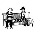 Bald guy and the guy in the hat playing chess on a park bench comic illustration