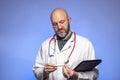 Bald hairless doctor on blue background. Male in his 40s with grey beard. Holding black file and looking at thermometer. Dramatic Royalty Free Stock Photo