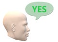 A bald headed man head with light green and light pink speech dialog bubble saying yes