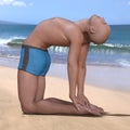 Ustrasana or camel pose bald man