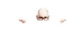 A bald man with glasses peeks out from behind an empty banner. Isolated over white background Royalty Free Stock Photo