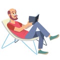 Bald man sitting and reading a book on vacation Royalty Free Stock Photo