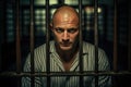 A bald man in a striped prison uniform is sitting in a jail cell He is looking at the camera with a serious expression Royalty Free Stock Photo