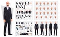 Bald Man Wearing Suit and Glasses Character Creation Set with Hand Gestures, Emotions and mouth Animation Premium Vector Royalty Free Stock Photo