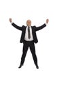 Bald middle-aged man in a suit jumping, businessman, isolated on white background Royalty Free Stock Photo