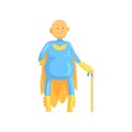 Cartoon bald and toothless old man character in costume with yellow cape, gloves and walking stick. Funny grandfather