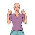 A bald woman with cancer is happy. Chemotherapy