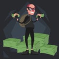 A balding thief wearing a mask stands against the background of packs of money and smiles, a dark background Royalty Free Stock Photo